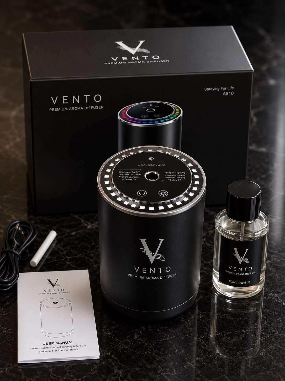 جهاز VENTO مع العلبة وزجاجة الزيت العطري وكابل الشحن